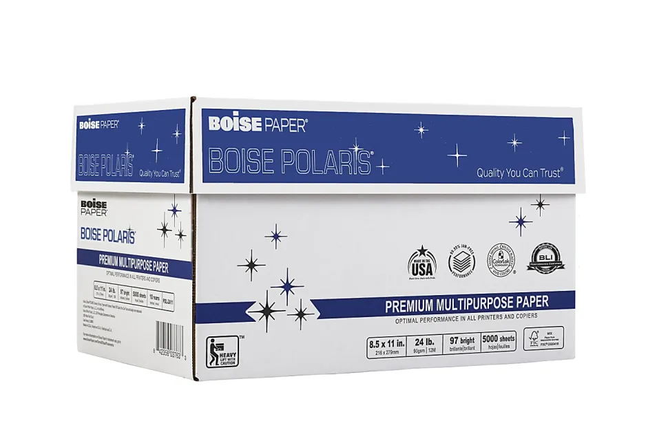 Boise® POLARIS® Premium Multi-Use Printer & Copy Paper, 10 Reams, White, Letter (8.5"x11"), 5000 Sheets Per Case, 24 Lb, 97 Brightness, FSC® Certified