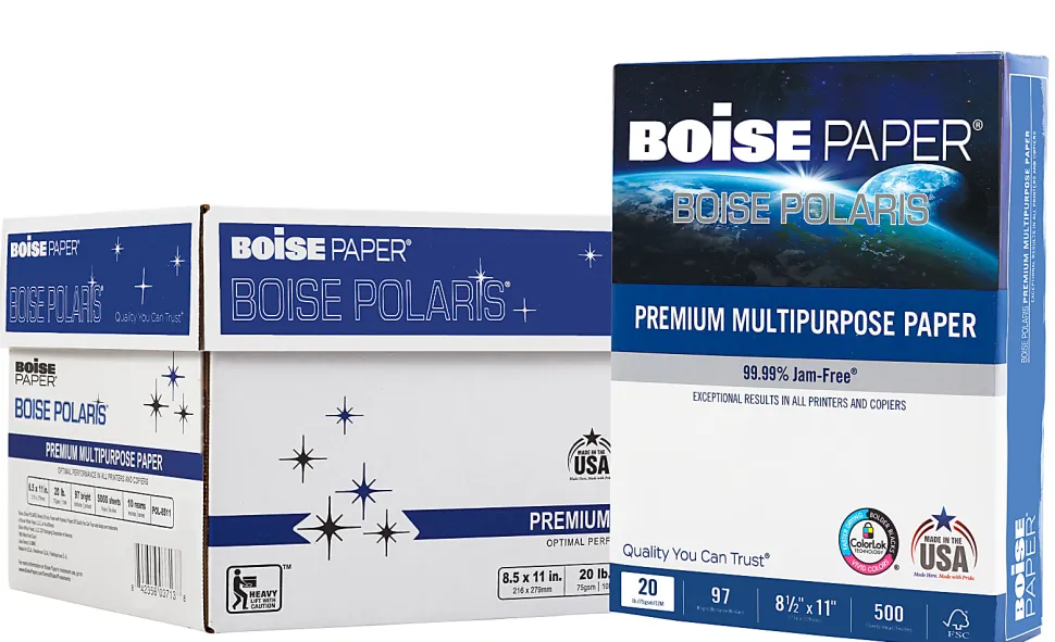 Boise® POLARIS® Premium Multi-Use Printer & Copy Paper, 10 Reams, White, Letter (8.5"x11"), 5000 Sheets Per Case, 20 Lb, 97 Brightness, FSC® Certified