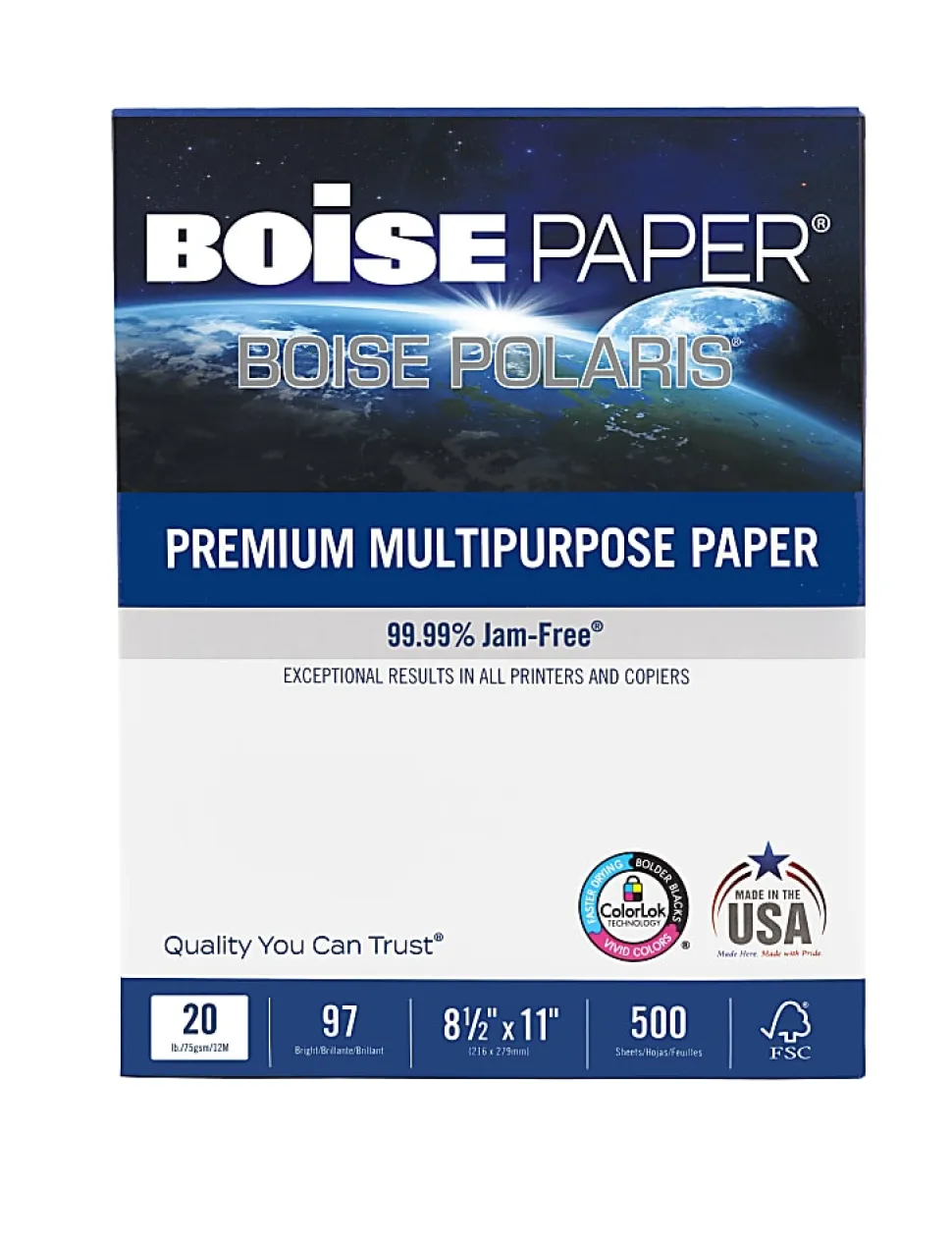 Boise® POLARIS® Premium Multi-Use Printer & Copy Paper, 10 Reams, White, Letter (8.5"x11"), 5000 Sheets Per Case, 20 Lb, 97 Brightness, FSC® Certified