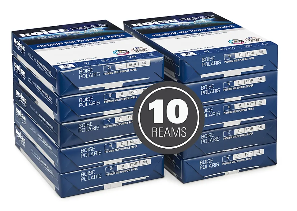 Boise® POLARIS® Premium Multi-Use Printer & Copy Paper, 10 Reams, White, Letter (8.5"x11"), 5000 Sheets Per Case, 20 Lb, 97 Brightness, FSC® Certified