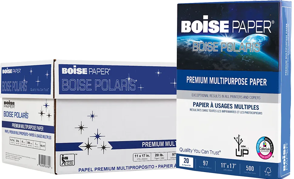 Boise® POLARIS® Premium Multi-Use Printer & Copy Paper, 5 Reams, White, Ledger (11" x 17"), 2500 Sheets Per Case, 20 Lb, 97 Brightness