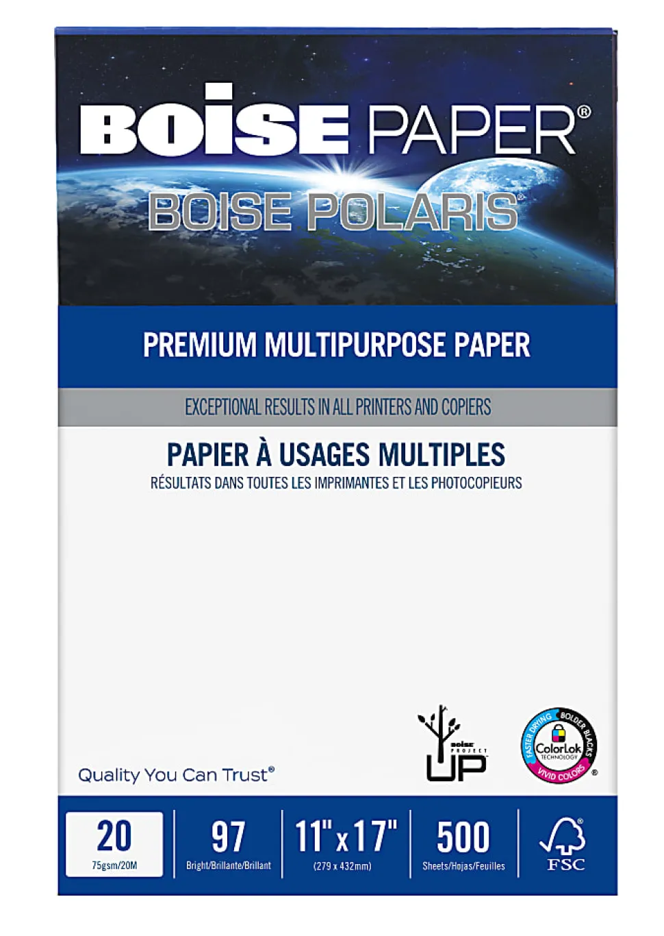 Boise® POLARIS® Premium Multi-Use Printer & Copy Paper, 5 Reams, White, Ledger (11" x 17"), 2500 Sheets Per Case, 20 Lb, 97 Brightness
