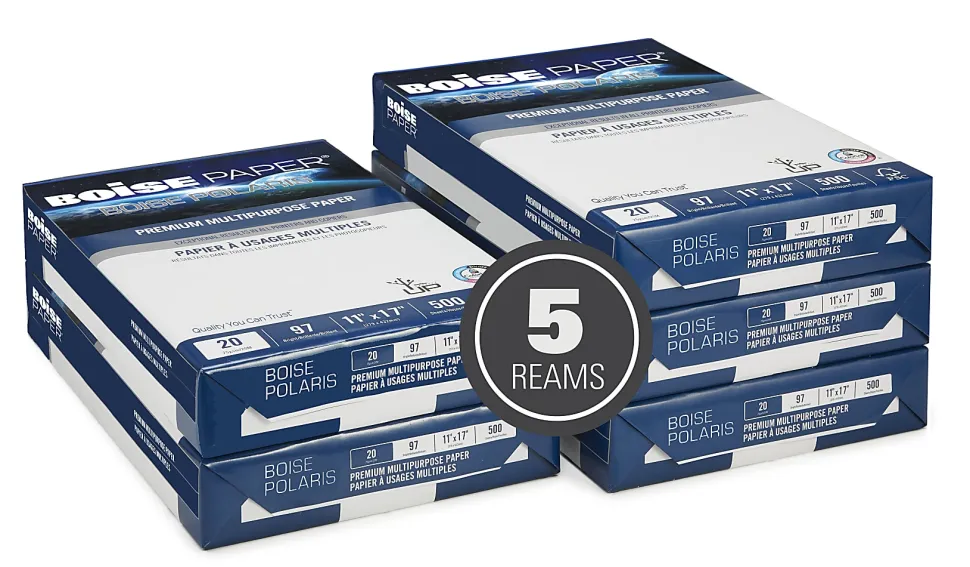 Boise® POLARIS® Premium Multi-Use Printer & Copy Paper, 5 Reams, White, Ledger (11" x 17"), 2500 Sheets Per Case, 20 Lb, 97 Brightness