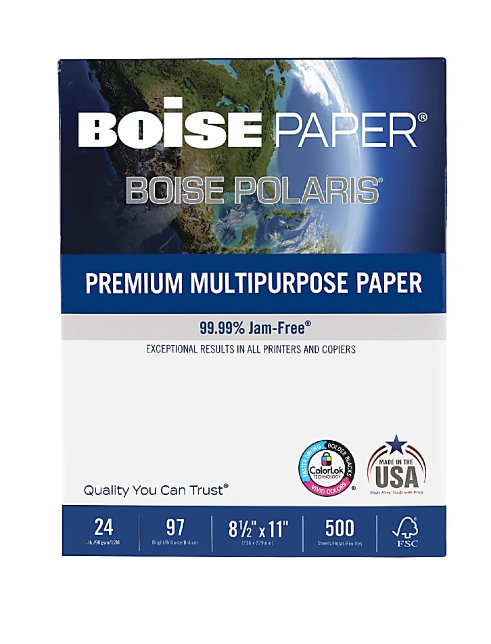 Boise® POLARIS® Premium Multi-Use Printer & Copy Paper, 1 Ream, White, Letter (8.5" x 11"), 500 Sheets Per Ream, 24 Lb, 97 Brightness, FSC® Certified