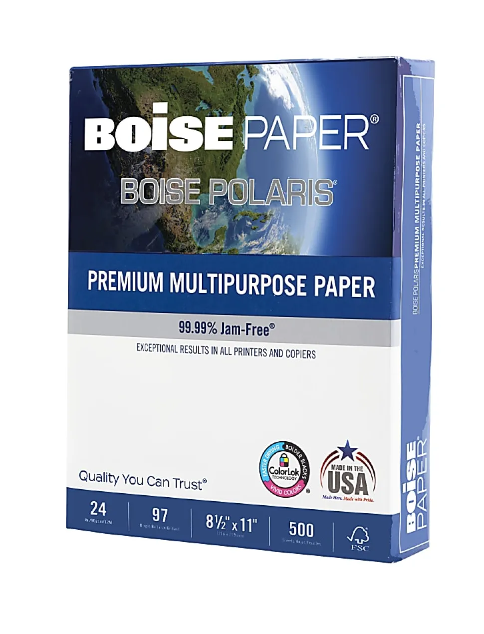 Boise® POLARIS® Premium Multi-Use Printer & Copy Paper, 1 Ream, White, Letter (8.5" x 11"), 500 Sheets Per Ream, 24 Lb, 97 Brightness, FSC® Certified