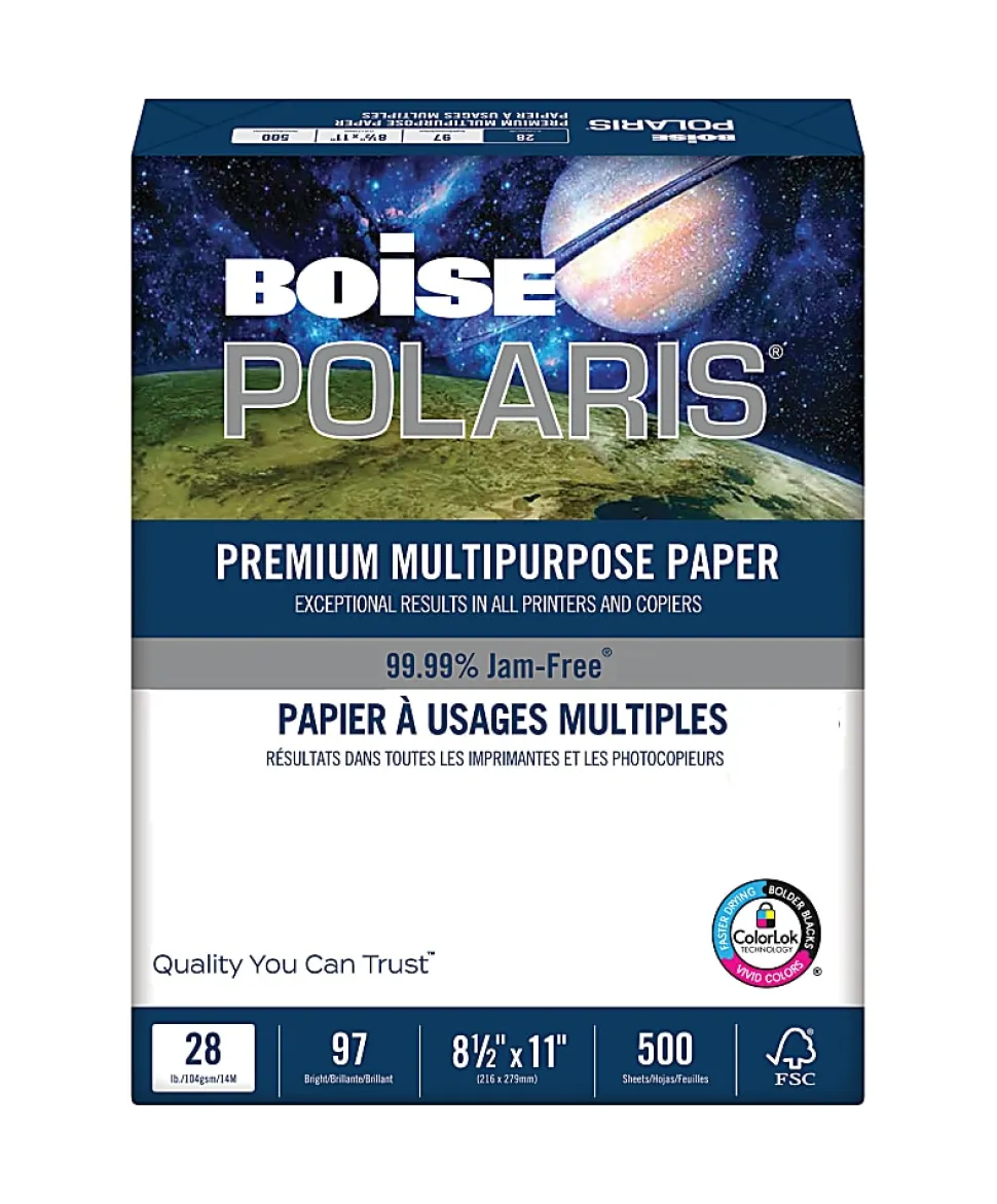 Boise® POLARIS® Premium Multi-Use Printer & Copy Paper, 1 Ream, White, Letter (8.5" x 11"), 500 Sheets Per Ream, 28 Lb, 92 Brightness, FSC® Certified