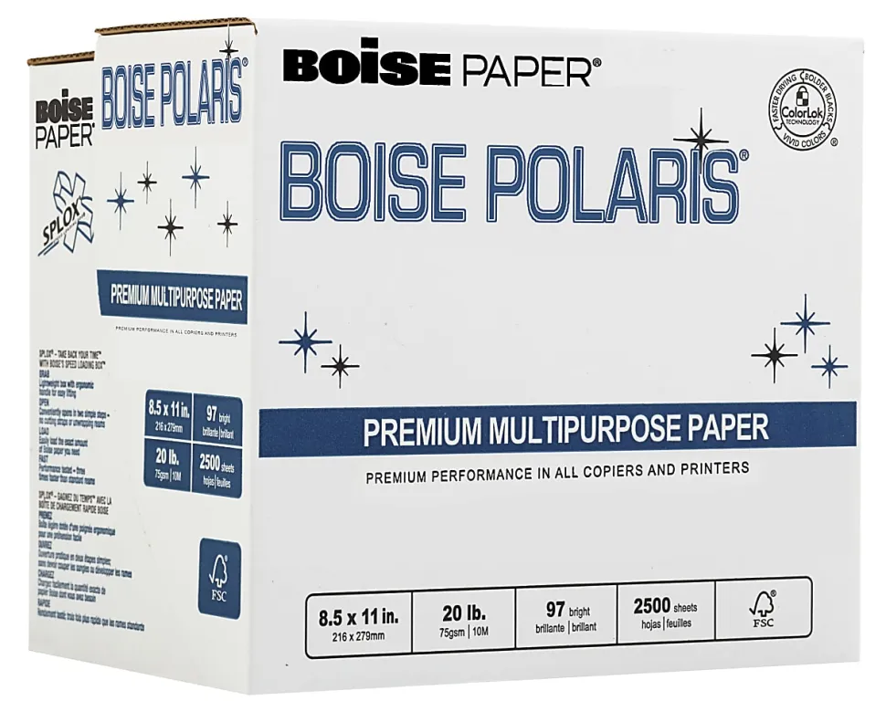 Boise® SPLOX® Speed-Loading Reamless Copy Paper, 5 Reams, White, Letter (8.5" x 11"), 2500 Sheets Per Case, 20 Lb, 97 Brightness, FSC® Certified