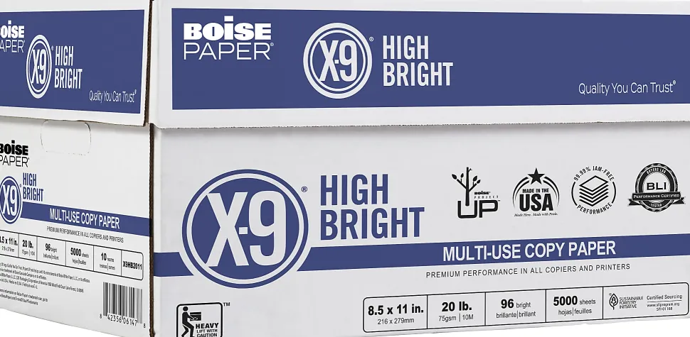 Boise® X-9® High Bright Multi-Use Printer & Copy Paper, 10 Reams, White, Letter (8.5" x 11"), 5000 Sheets Per Case, 20 Lb, 96 Brightness