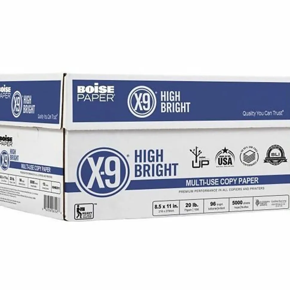 Boise® X-9® High Bright Multi-Use Printer & Copy Paper, 10 Reams, White, Letter (8.5" x 11"), 5000 Sheets Per Case, 20 Lb, 96 Brightness