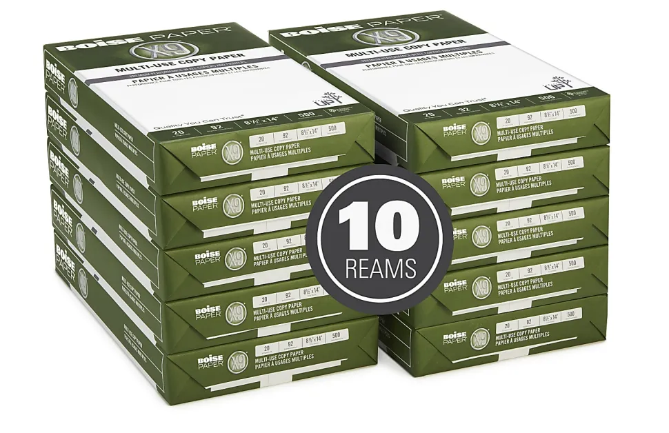 Boise® X-9® Multi-Use Printer & Copy Paper, 10 Reams, White, Legal (8.5" x 14"), 5000 Sheets Per Case, 20 Lb, 92 Brightness