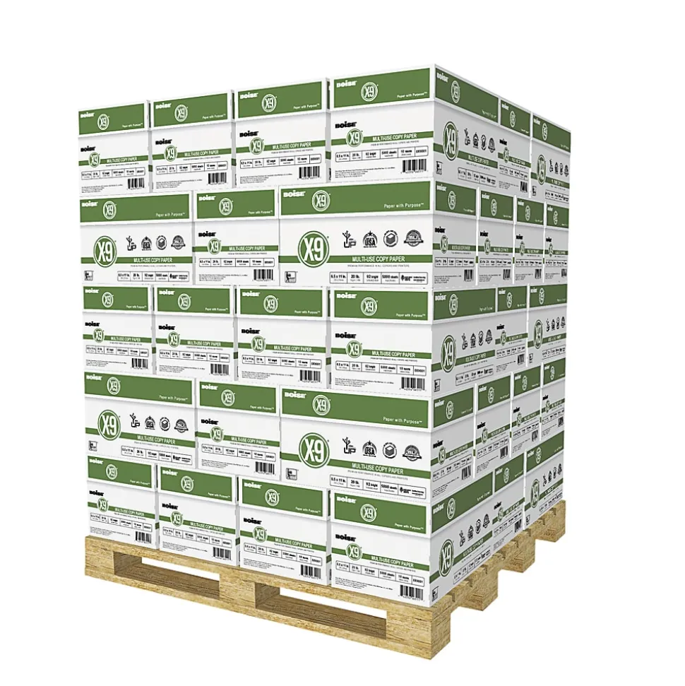 Boise® X-9® Multi-Use Printer & Copy Paper, 400 Reams, White, Letter (8.5" x 11"), Driver Assist, 200000 Sheets Per Pallet, 20 Lb, 92 Brightness