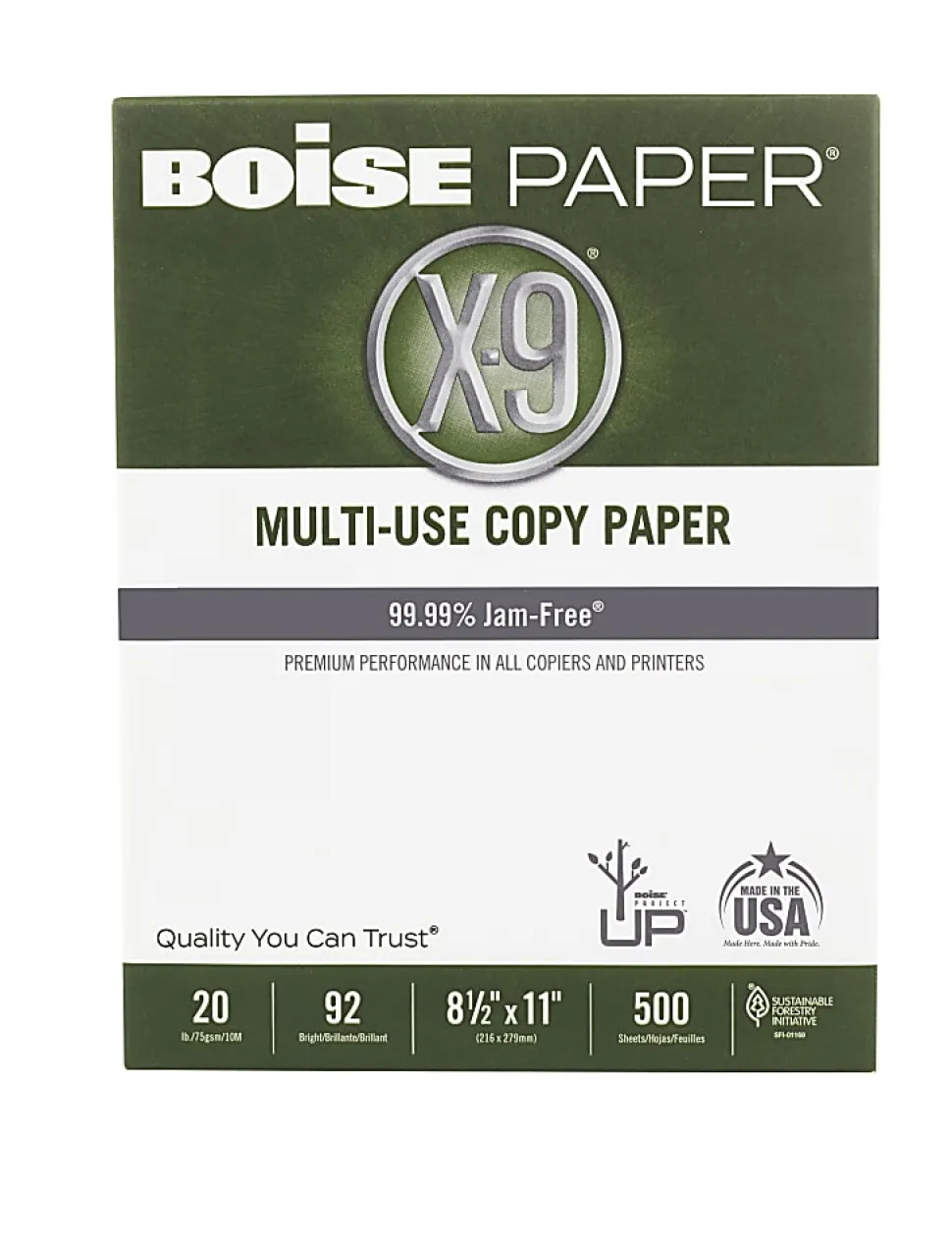 Boise® X-9® Multi-Use Printer & Copy Paper, 5 Reams, White, Letter (8.5" x 11"), 2500 Sheets Per Case, 20 Lb, 92 Brightness