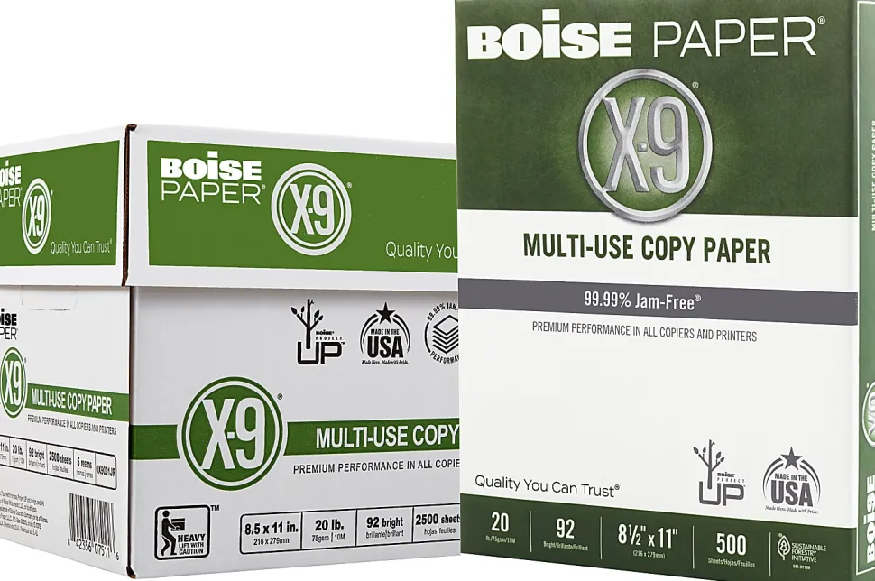 Boise® X-9® Multi-Use Printer & Copy Paper, 5 Reams, White, Letter (8.5" x 11"), 2500 Sheets Per Case, 20 Lb, 92 Brightness