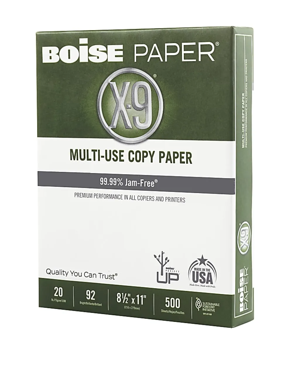 Boise® X-9® Multi-Use Printer & Copy Paper, 5 Reams, White, Letter (8.5" x 11"), 2500 Sheets Per Case, 20 Lb, 92 Brightness