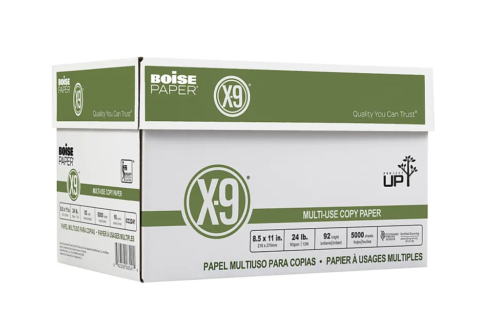 Boise® X-9® Multi-Use Printer & Copy Paper, 10 Reams, White, Letter (8.5" x 11"), 5000 Sheets Per Case, 24 Lb, 92 Brightness, SFI® Certified