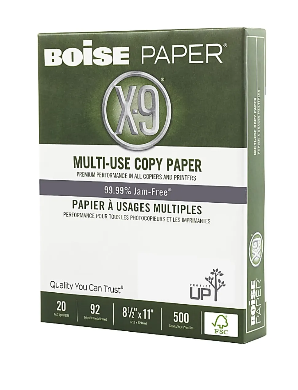 Boise® X-9® Multi-Use Printer & Copy Paper, 10 Reams, White, Letter (8.5" x 11"), 5000 Sheets Per Case, FSC® Certified, 20 Lb, 92 Brightness