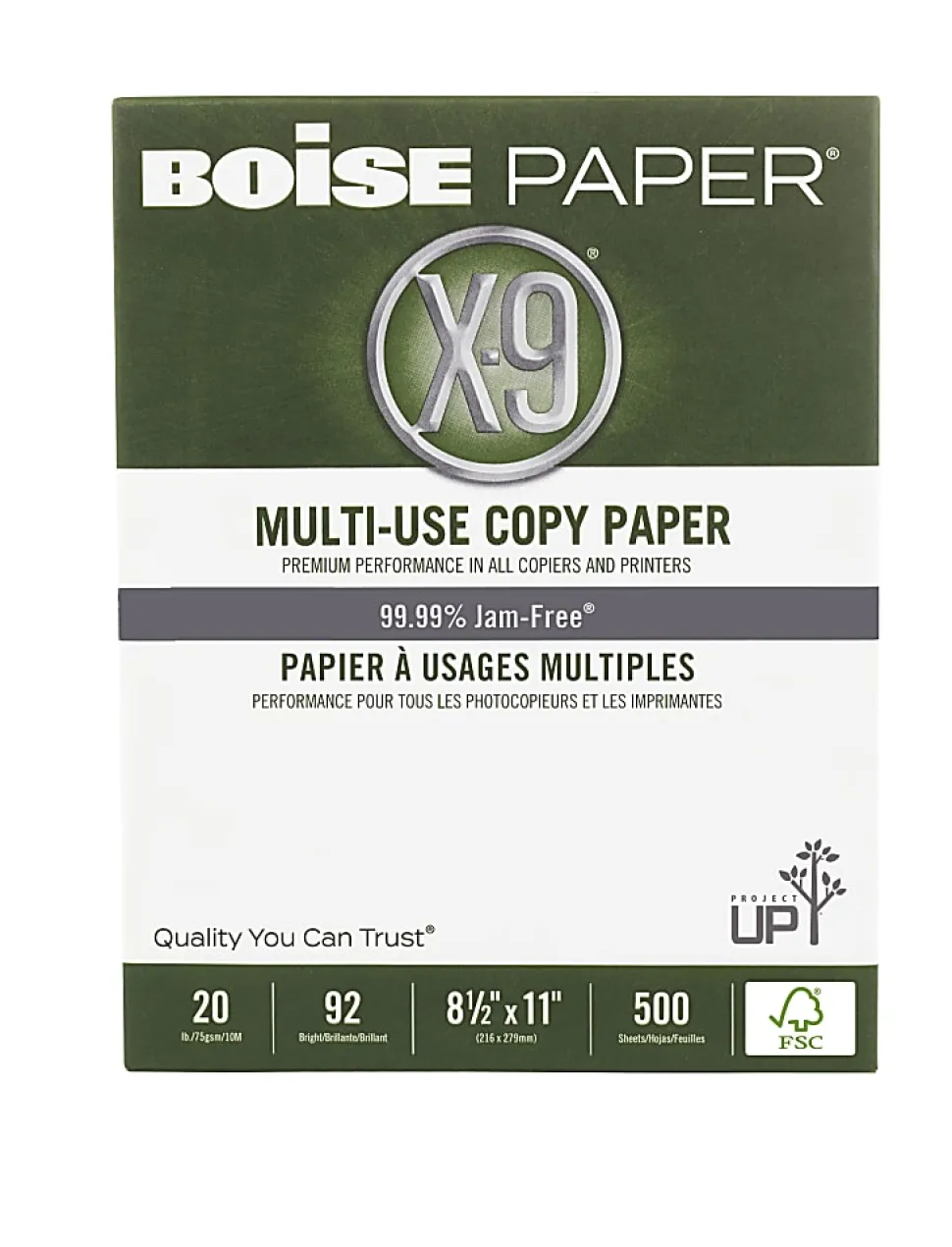 Boise® X-9® Multi-Use Printer & Copy Paper, 10 Reams, White, Letter (8.5" x 11"), 5000 Sheets Per Case, FSC® Certified, 20 Lb, 92 Brightness
