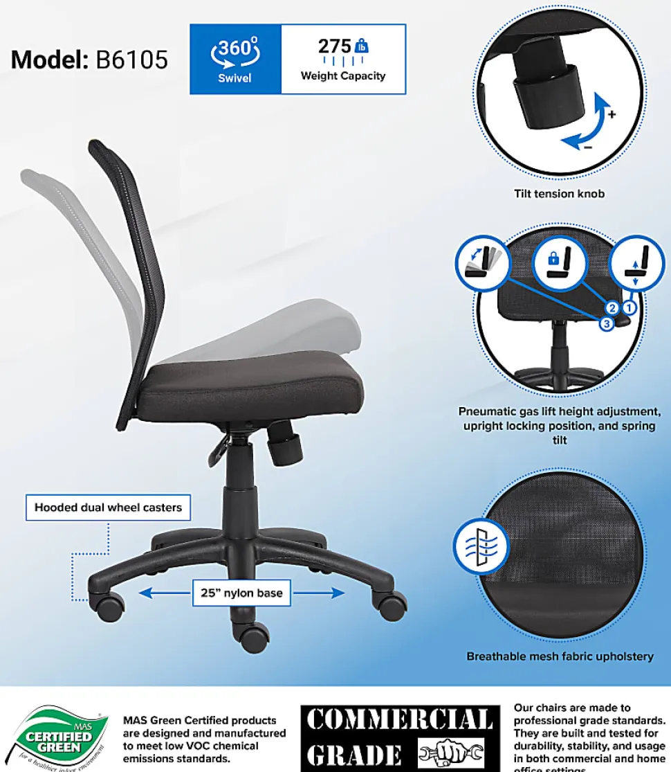 Boss Budget Mesh Armless Task Chair, Black