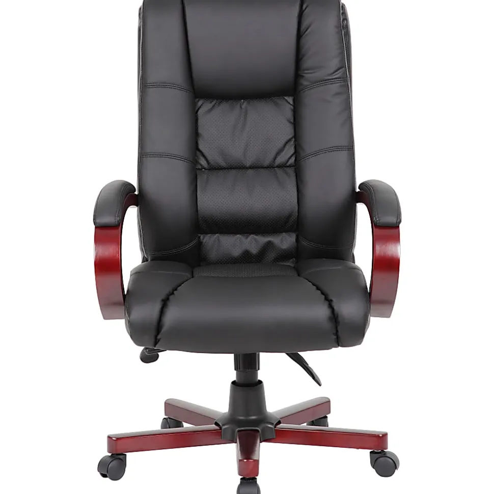 Boss Office Products Aaria Ergonomic Vinyl/Wood High-Back Chair, Black/Mahogany