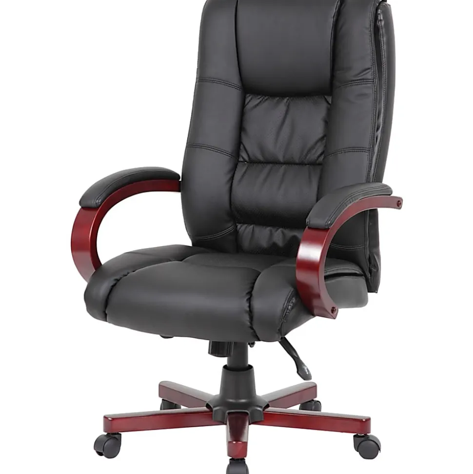 Boss Office Products Aaria Ergonomic Vinyl/Wood High-Back Chair, Black/Mahogany