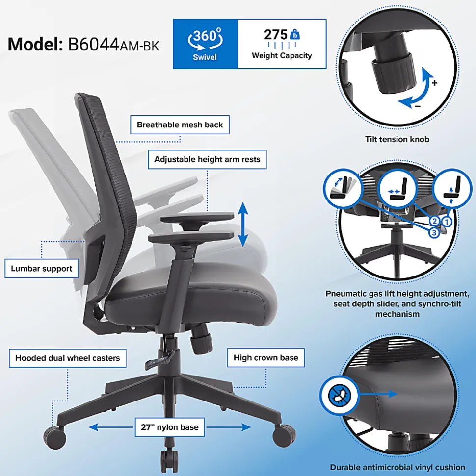 Boss Office Products Antimicrobial High-Back Task Chair With Arms, Black
