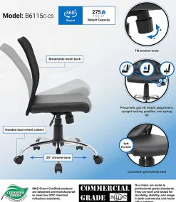 Boss Office Products Budget Fabric Mesh-Back Task Chair, Black/Silver
