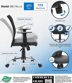 Boss Office Products Budget Mesh/Vinyl Mid-Back Task Chair, With Arms, Black
