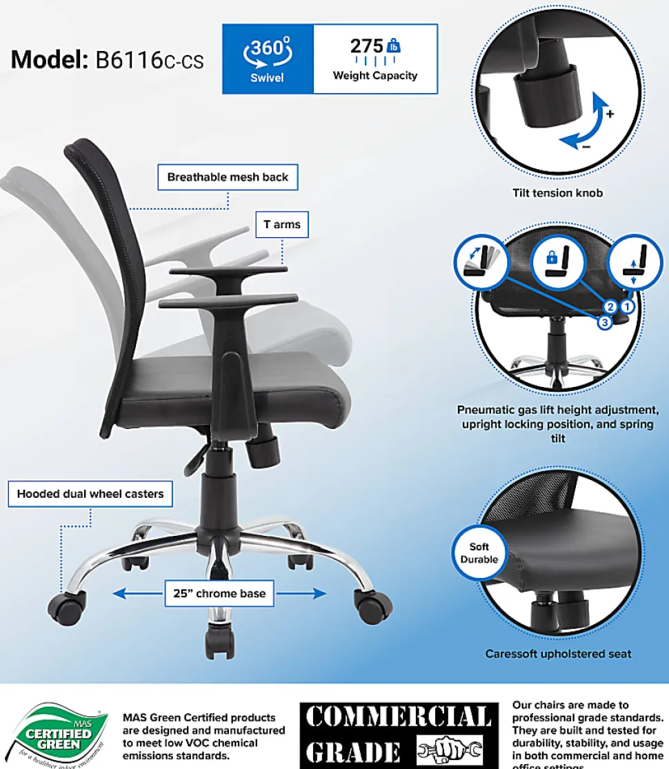 Boss Office Products Budget Mesh/Vinyl Mid-Back Task Chair, With Arms, Black