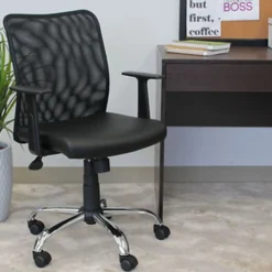 Boss Office Products Budget Mesh/Vinyl Mid-Back Task Chair, With Arms, Black