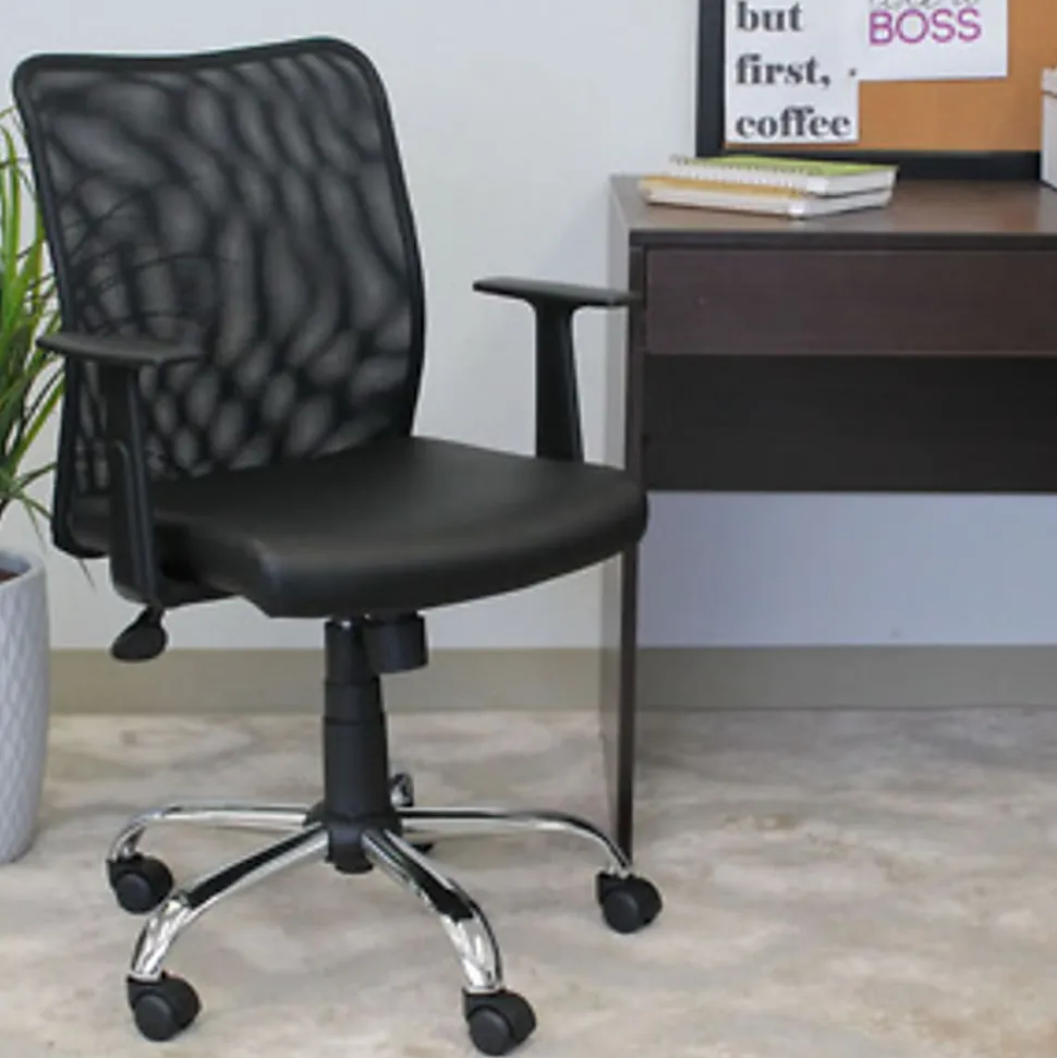 Boss Office Products Budget Mesh/Vinyl Mid-Back Task Chair, With Arms, Black