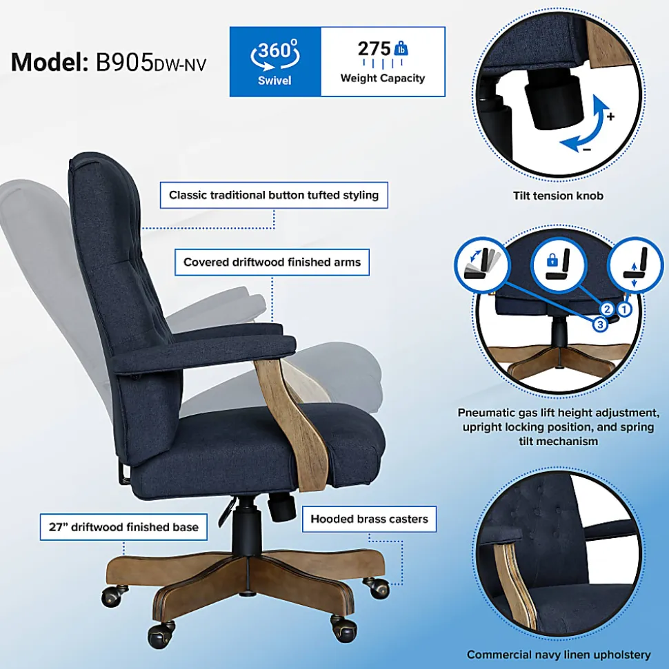 Boss Office Products Button-Tufted Ergonomic High-Back Chair, Navy Denim/Blue Linen