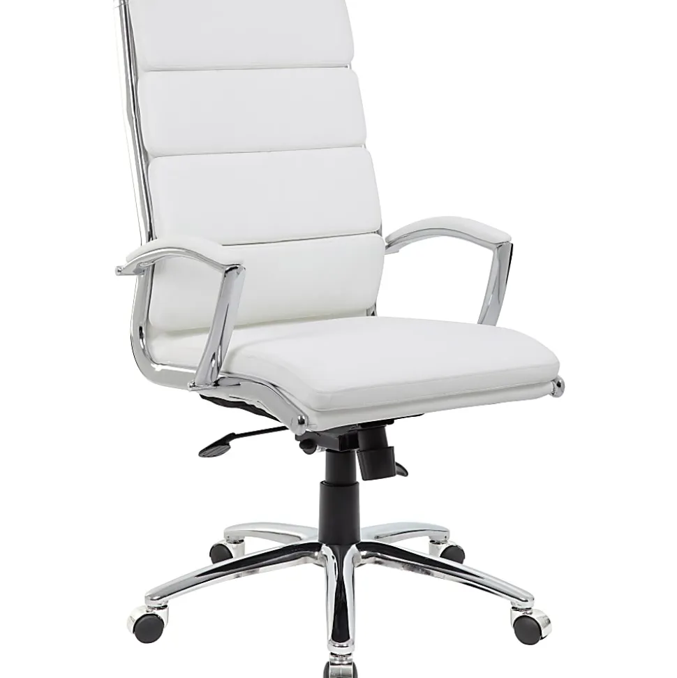 Boss Office Products CaressoftPlus™ Ergonomic Executive High-Back Chair, White/Chrome
