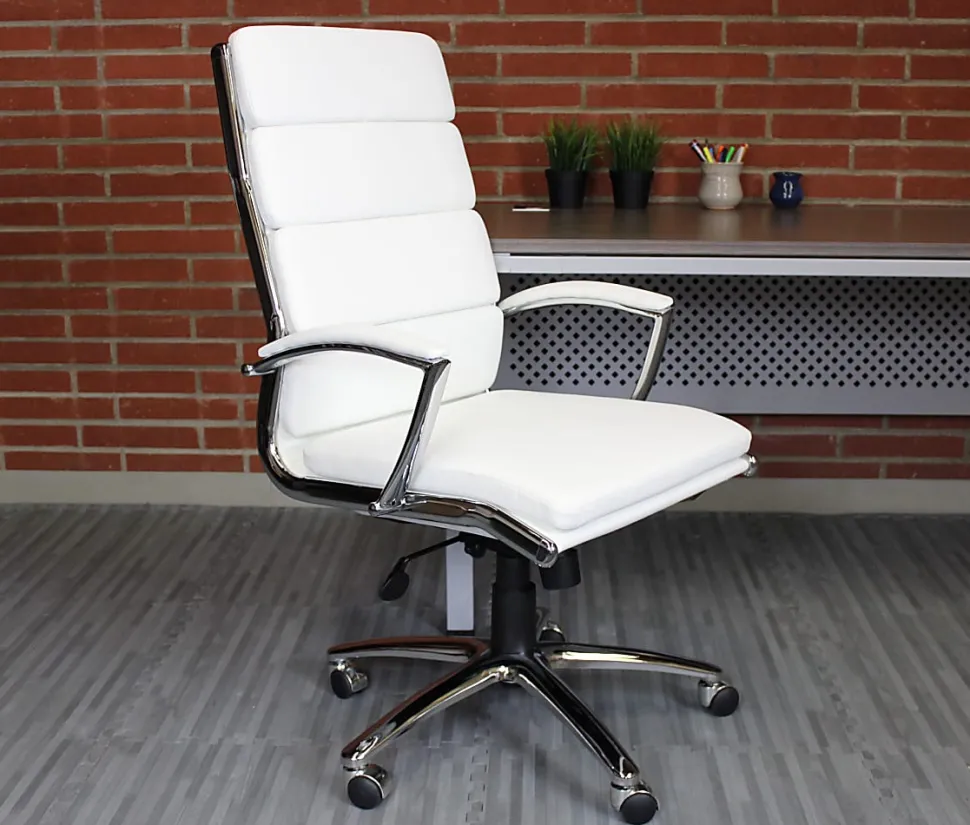 Boss Office Products CaressoftPlus™ Ergonomic Executive High-Back Chair, White/Chrome