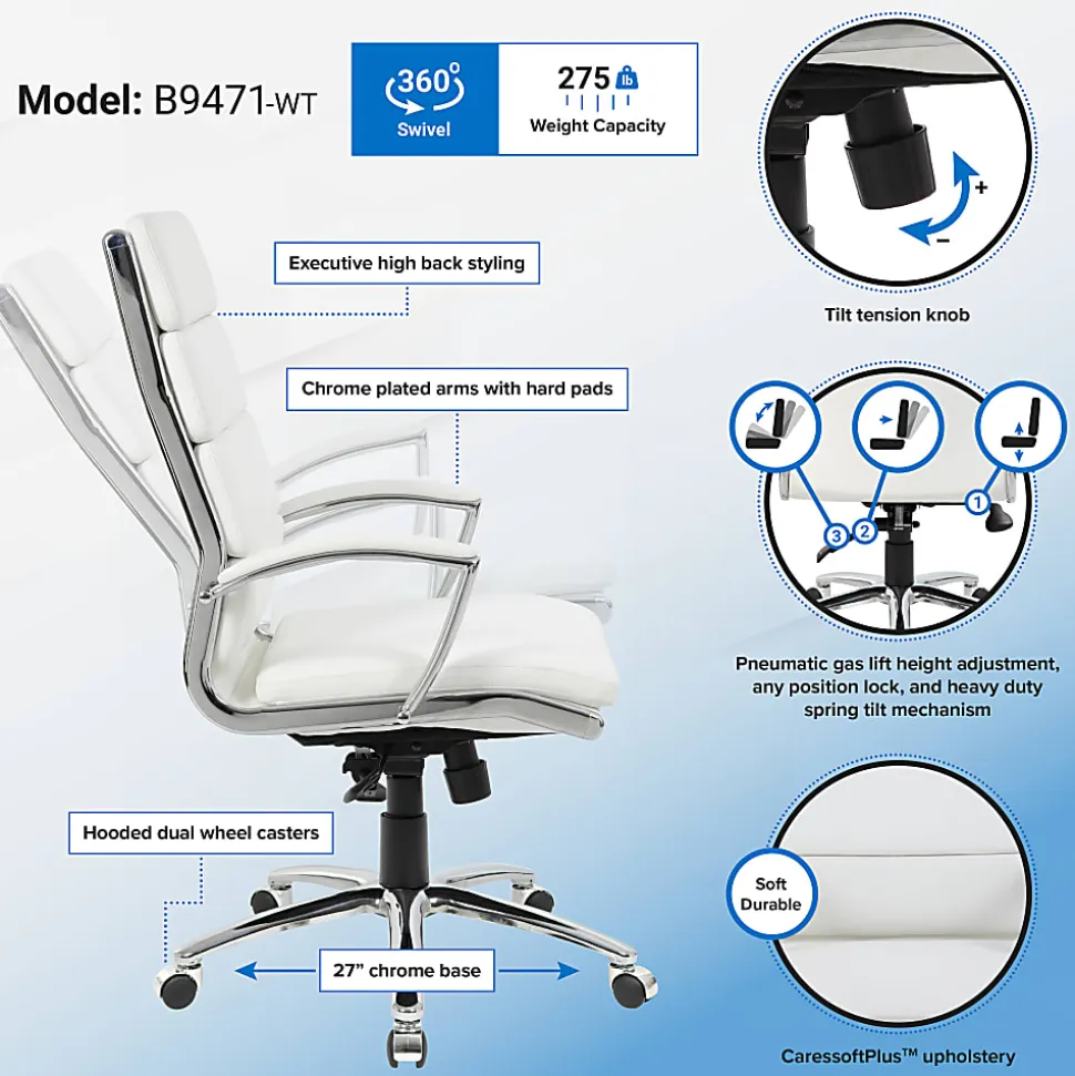 Boss Office Products CaressoftPlus™ Ergonomic Executive High-Back Chair, White/Chrome