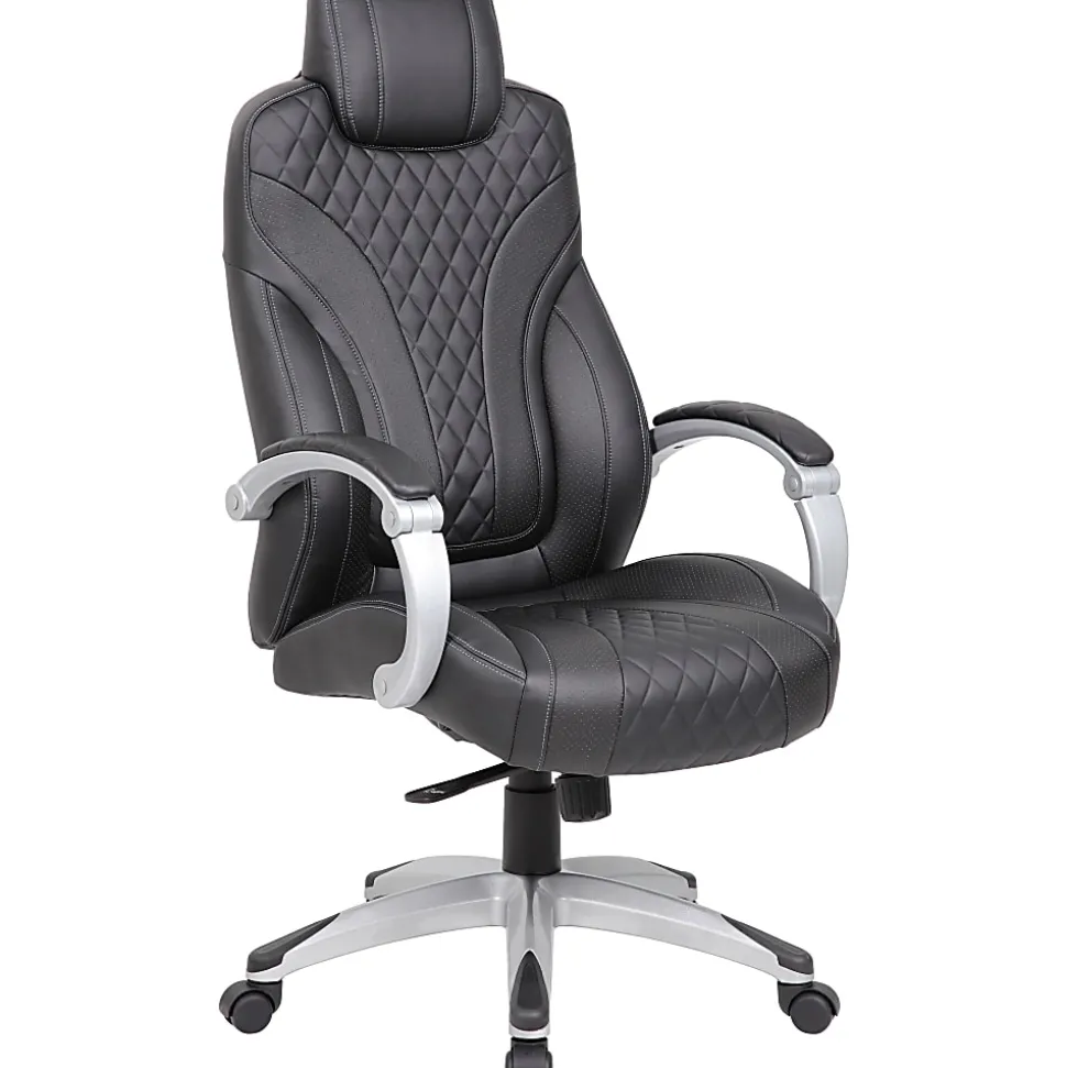 Boss Office Products Caressoft Hinged Arm Executive Ergonomic High-Back Chair, Black