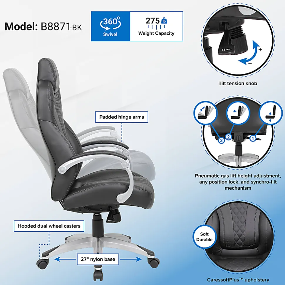 Boss Office Products Caressoft Hinged Arm Executive Ergonomic High-Back Chair, Black