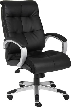 Boss Office Products Double-Plus Ergonomic LeatherPlus™ Bonded Leather High-Back Chair, Black/Silver