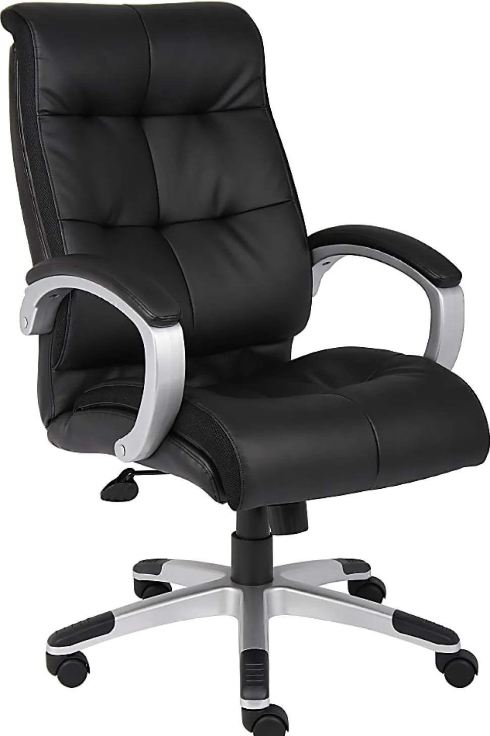 Boss Office Products Double-Plus Ergonomic LeatherPlus™ Bonded Leather High-Back Chair, Black/Silver