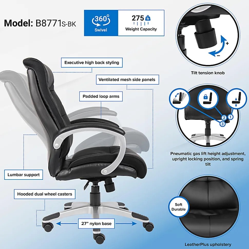 Boss Office Products Double-Plus Ergonomic LeatherPlus™ Bonded Leather High-Back Chair, Black/Silver