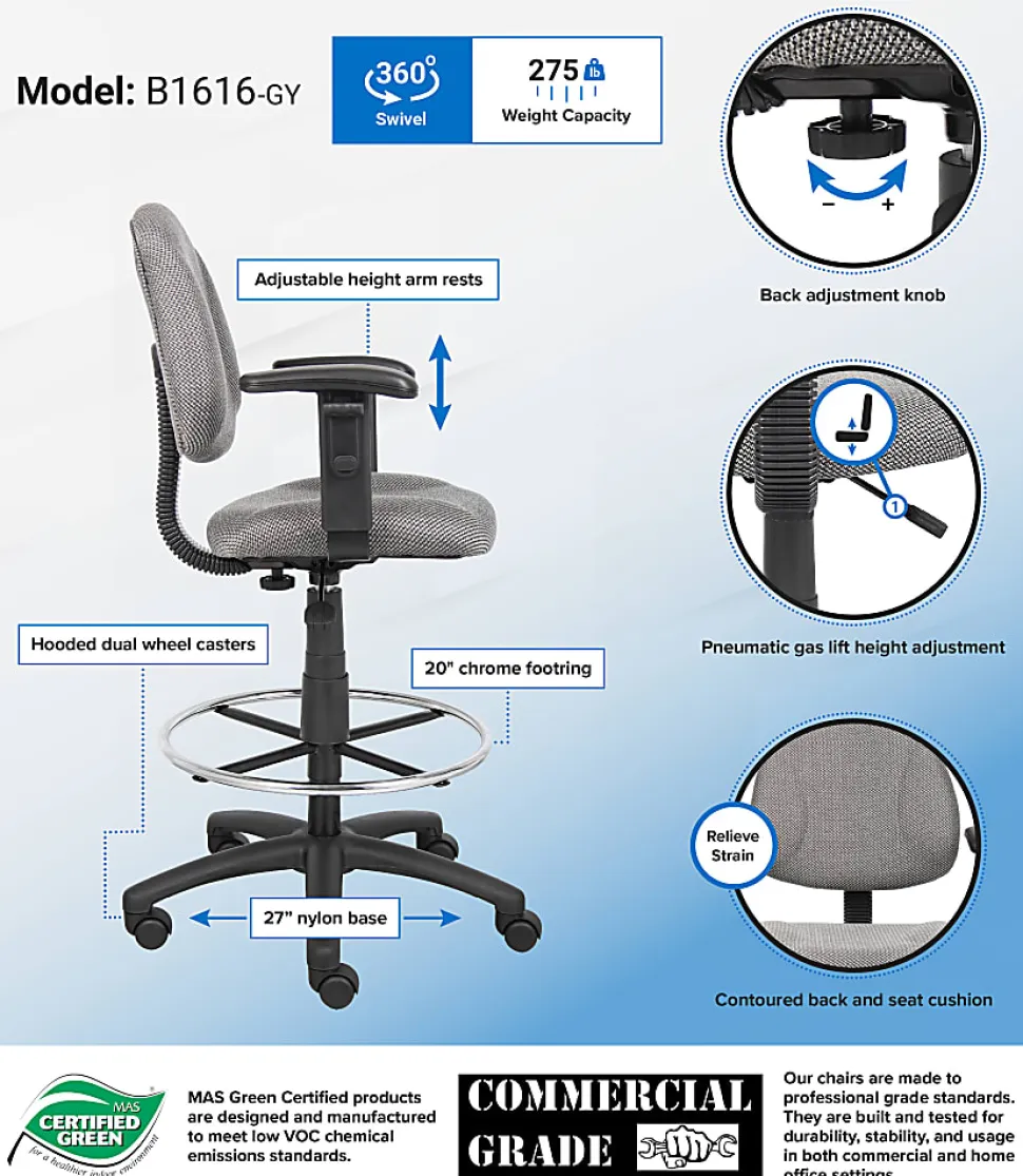 Boss Office Products Drafting Stool, Gray