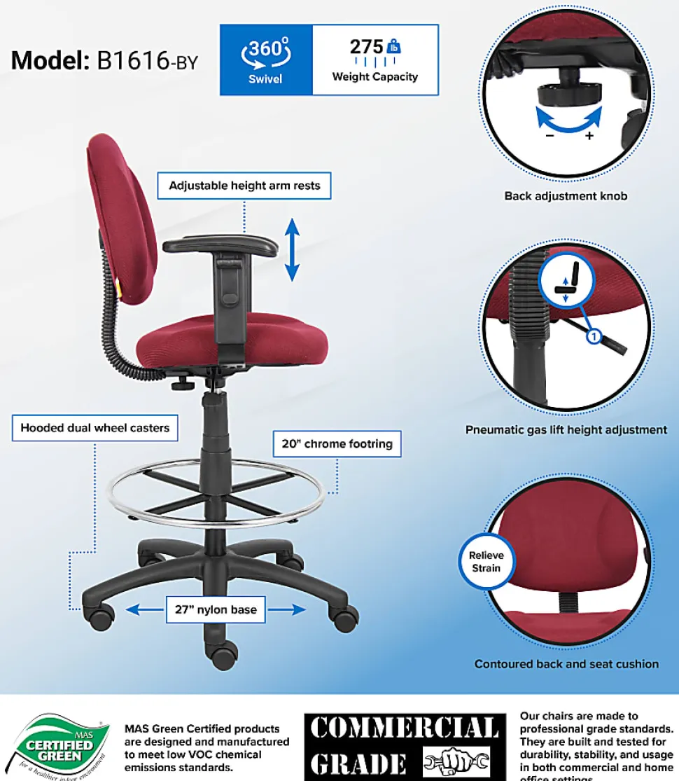 Boss Office Products Drafting Stool, Adjustable Arms, Burgundy, B1616-BY