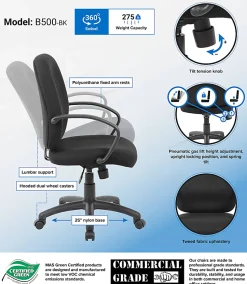 Boss Office Products Ergonomic Budget Tweed Mid-Back Task Chair, Black