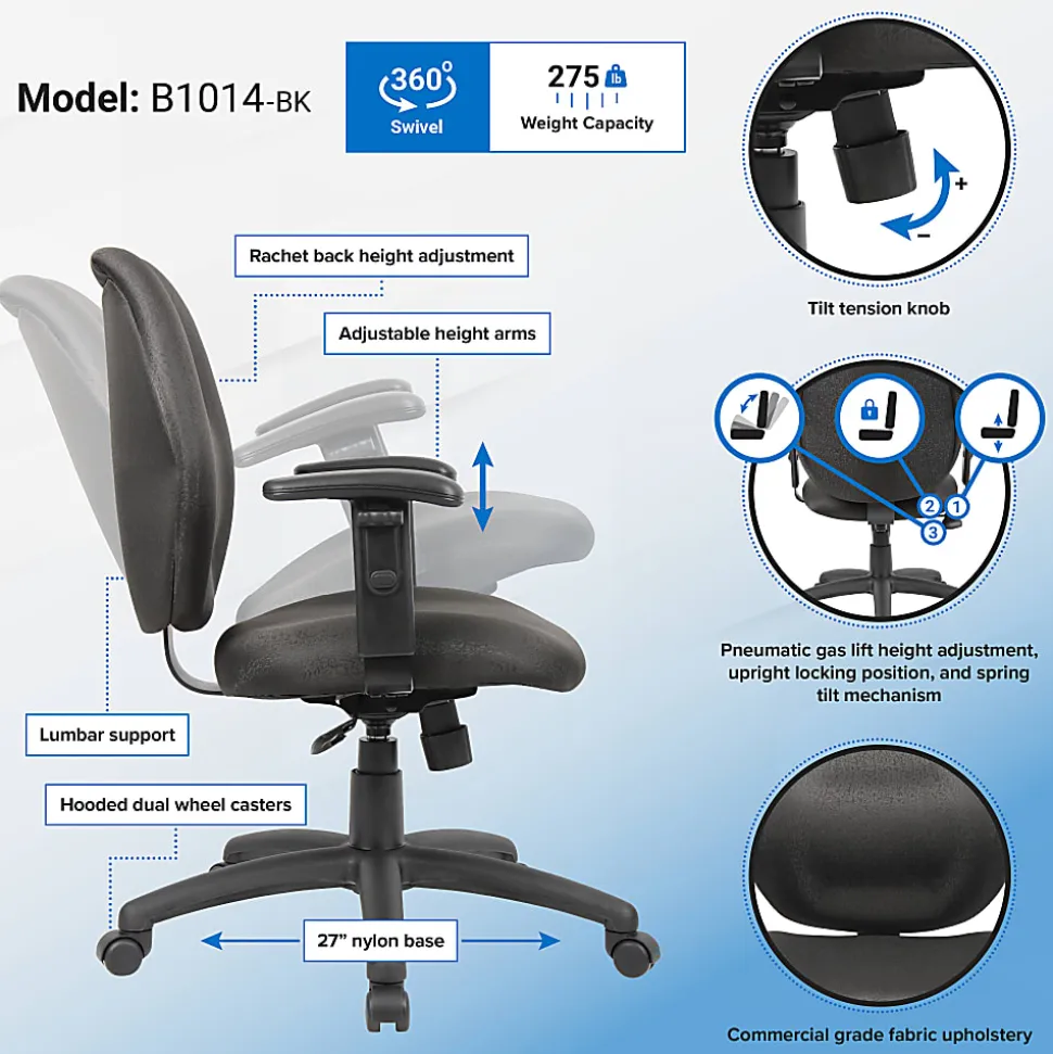 Boss Office Products Ergonomic Vinyl Mid-Back Task Chair With Adjustable Arms, Black