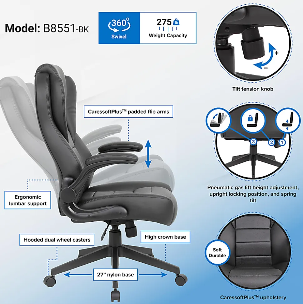 Boss Office Products Ergonomic LeatherPlus™ Bonded Leather High-Back Executive Chair, Black