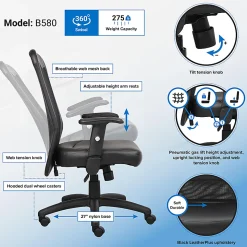 Boss Office Products Ergonomic LeatherPlus™ Bonded Leather/Mesh Web Chair, Black
