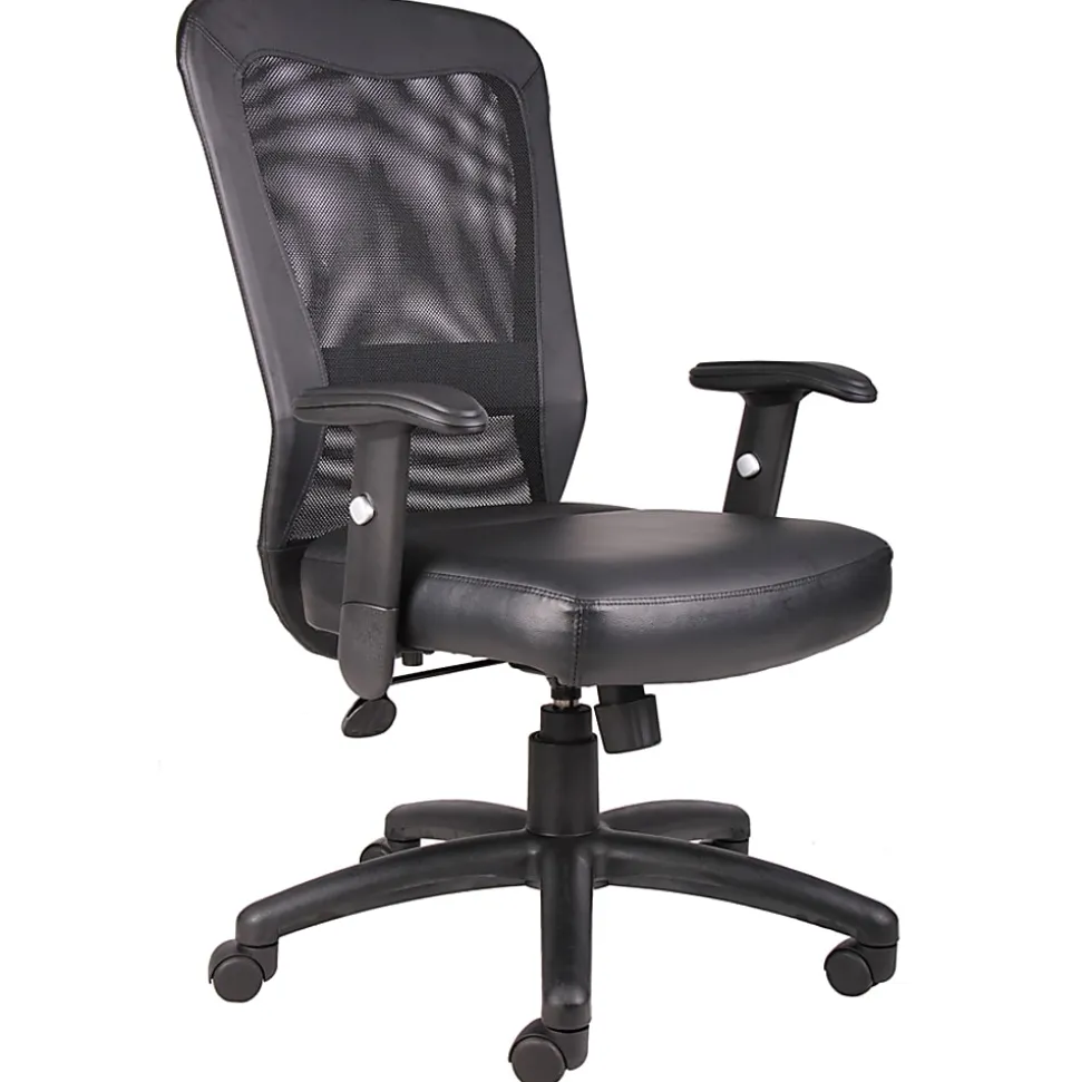 Boss Office Products Ergonomic LeatherPlus™ Bonded Leather/Mesh Web Chair, Black