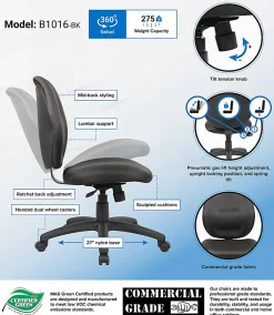 Boss Office Products Ergonomic Fabric Mid-Back Task Office Chair Without Arms, Black