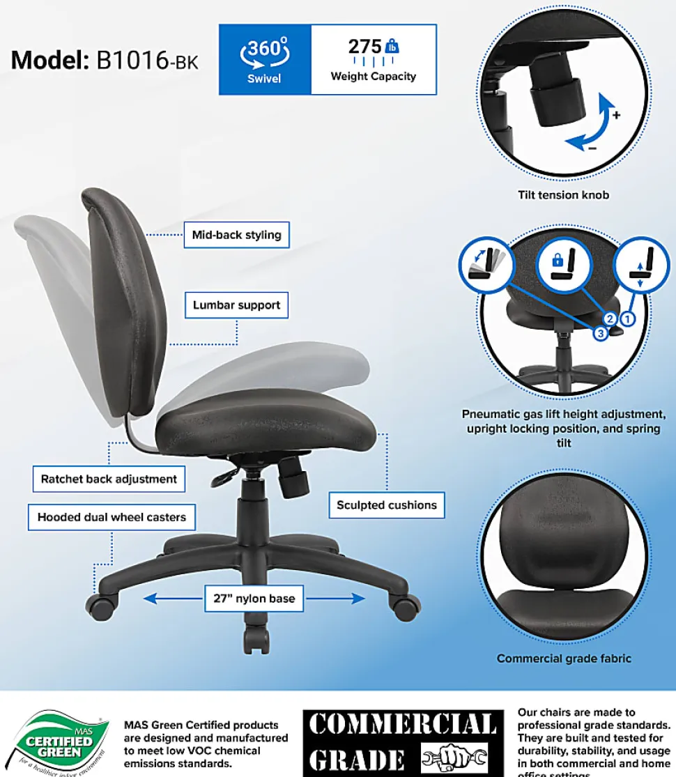Boss Office Products Ergonomic Fabric Mid-Back Task Office Chair Without Arms, Black