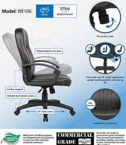Boss Office Products Ergonomic Mid-Back Leather Chair, Black