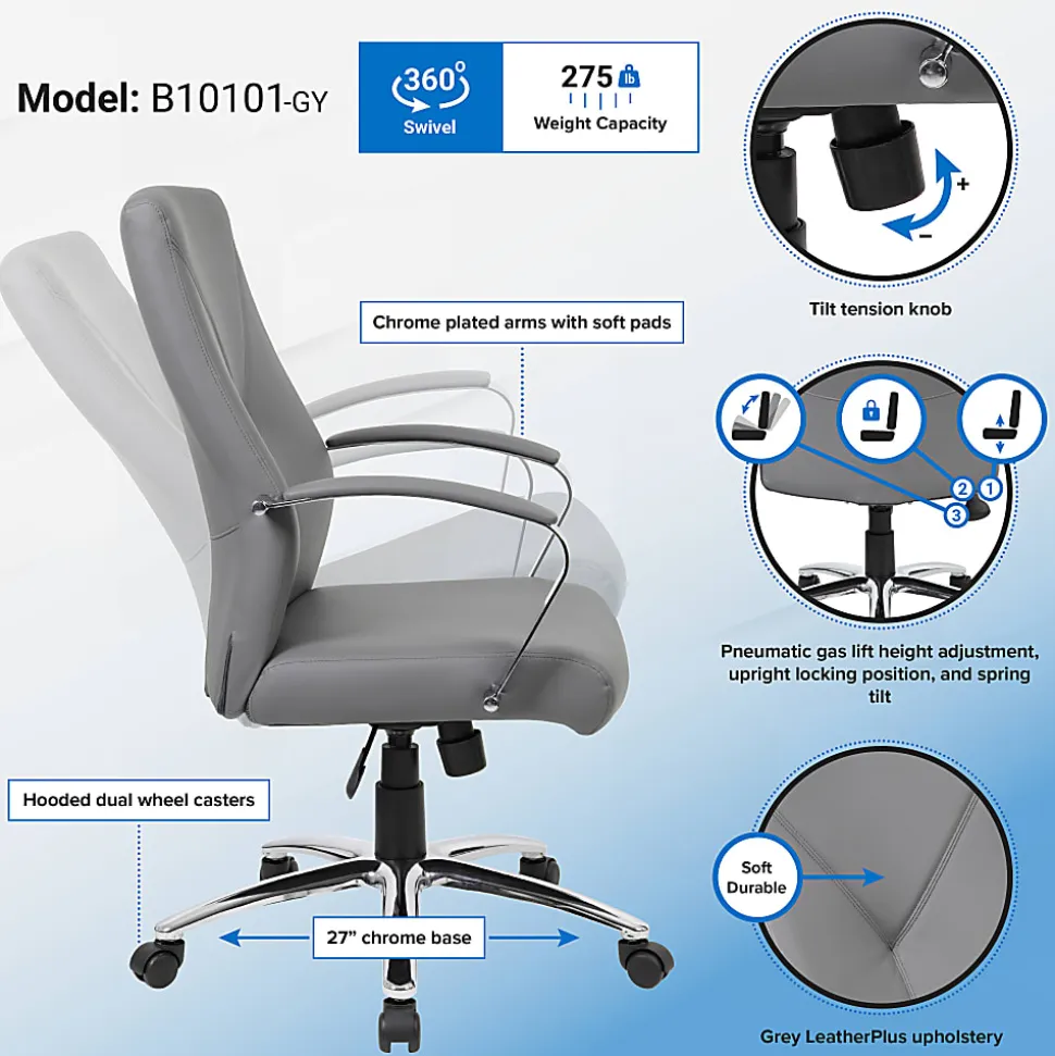 Boss Office Products Ergonomic High-Back Chair, Gray/Chrome/Gray